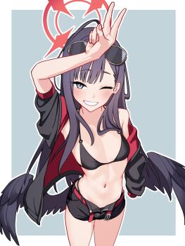 arm_up armband belt bikini bikini_bottom_under_shorts bikini_under_clothes black_bikini black_choker black_hair black_serafuku black_shorts black_wings blue_archive choker commentary_request dadada_(hukutsu_bot_) eyewear_on_head feathered_wings halo highres ichika_(blue_archive) ichika_(swimsuit)_(blue_archive) long_hair low_wings o-ring o-ring_bikini o-ring_top official_alternate_costume one_eye_closed open_clothes open_shorts red_armband red_belt red_halo school_uniform serafuku shorts smile sunglasses swimsuit teeth v wings