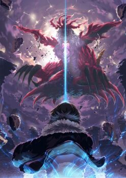 Rule 34 | battle, black jacket, brown hair, claws, cloud, cloudy sky, commentary request, debris, final fantasy, final fantasy viii, from behind, fur-trimmed jacket, fur trim, highres, jacket, jikkujiku, male focus, midriff, monster, pillar, rubble, sharp teeth, shirt, short hair, sky, squall leonhart, teeth, upper body, white shirt