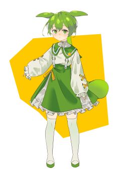 1girl absurdres alternate_costume boots closed_mouth commentary cross-laced_clothes cross-laced_sleeves frilled_shirt frilled_skirt frills full_body green_eyes green_hair green_skirt highres long_sleeves looking_at_viewer ojou-sama_zundamon puffy_long_sleeves puffy_sleeves senri_(hrydy_o) shirt skirt sleeves_past_wrists solo standing suspenders voiceroid voicevox white_boots zundamon
