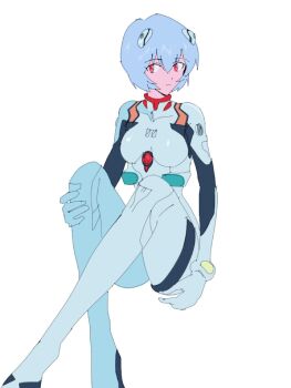 1girl ayanami_rei bad_id bad_twitter_id blue_hair bodysuit breasts crossed_legs expressionless hand_on_own_leg highres interface_headset_(evangelion) mecha_pilot_suit neon_genesis_evangelion plugsuit_(evangelion) red_eyes short_hair simple_background sitting solo swirl9017 white_background white_bodysuit