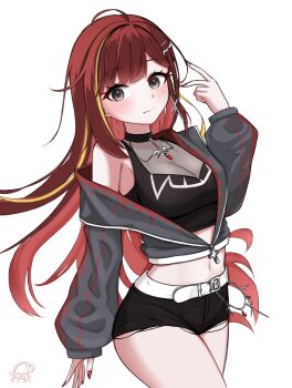 1girl ahoge akane_lize belt black_choker black_shorts blonde_hair blush breasts choker cleavage closed_mouth eyelashes fang grey_eyes grey_jacket highres jacket long_hair long_sleeves mole mole_under_eye multicolored_hair nail_polish partially_open_jacket red_hair red_nails short_shorts shorts signature single_bare_shoulder smile solo stellive streaked_hair transparent_background user_kcnt5573 virtual_youtuber white_belt