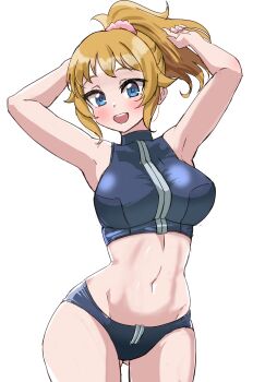 1girl :d absurdres armpits arms_up black_panties black_shirt blonde_hair blue_eyes blush breasts commentary_request contrapposto cowboy_shot cropped_shirt ereka gluteal_fold gundam gundam_build_fighters hair_ornament hair_scrunchie high_ponytail highres hoshino_fumina large_breasts looking_at_viewer medium_hair midriff navel open_mouth panties pink_scrunchie ponytail scrunchie shirt sidelocks simple_background sleeveless sleeveless_shirt smile solo teeth underwear upper_teeth_only white_background