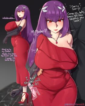 1boy 1girl absurdres bare_shoulders black_gloves blush breasts commentary dress elbow_gloves english_commentary english_text fate/grand_order fate_(series) full_body gloves hair_between_eyes high_heels highres jewelry large_breasts long_hair looking_at_viewer multiple_views necklace pendant purple_hair razorbelyy red_dress red_eyes scathach_(fate) scathach_skadi_(fate)