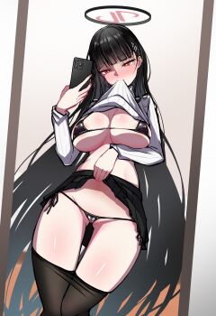 1girl absurdres ahiru_taii areola_slip bikini biting biting_clothes black_bikini black_hair black_pantyhose black_skirt blue_archive blunt_bangs blush breasts cellphone clothes_lift clothes_pull commentary_request commission hair_ornament hairclip highres holding holding_phone large_breasts long_hair micro_bikini mirror_selfie pantyhose pantyhose_pull phone pixiv_commission red_eyes ribbed_sweater rio_(blue_archive) selfie skirt skirt_lift smartphone solo sweater sweater_lift swimsuit turtleneck turtleneck_sweater variant_set very_long_hair white_sweater