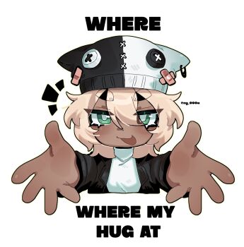 Rule 34 | 1girl, bandaid, beanie, black pants, blonde hair, chibi, crop top, dark-skinned female, dark skin, green eyes, hat, highres, jacket, leather, leather jacket, ny 000a, original, pants, signature, simple background, speech bubble, tan