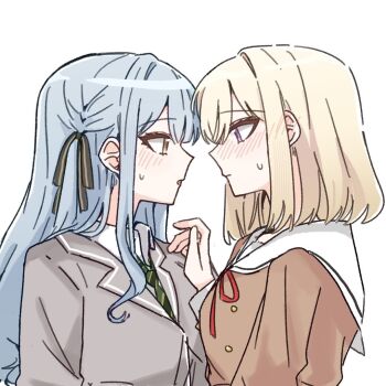 2girls at_09098 bang_dream! bang_dream!_it's_mygo!!!!! black_ribbon blazer blonde_hair blue_hair brown_dress collared_shirt commentary_request diagonal-striped_clothes diagonal-striped_necktie dress eye_contact green_necktie grey_jacket hair_ribbon hanasakigawa_school_uniform haneoka_school_uniform jacket korean_commentary long_hair looking_at_another medium_hair misumi_uika multiple_girls neck_ribbon necktie purple_eyes red_ribbon ribbon sailor_collar sailor_dress school_uniform shirt simple_background striped_clothes sweatdrop togawa_sakiko two_side_up white_background white_sailor_collar white_shirt winter_uniform yellow_eyes yuri