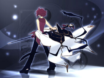 Rule 34 | 1boy, black capelet, black pants, black shoes, cape, capelet, capelet removed, commentary request, dated commentary, from behind, full body, gloves, grey background, holding, holding staff, magic circle, male focus, oomojiya, pants, ragnarok online, red gloves, red hair, red shirt, shirt, shoes, short hair, sleeveless, sleeveless shirt, solo, staff, standing, unworn cape, white cape, wizard (ragnarok online)