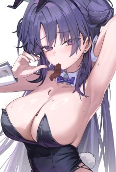 1girl absurdres alternate_costume animal_ear_hairband animal_ears armpits black_leotard blue_archive blush bow bowtie breasts chocolate chocolate_on_body chocolate_on_breasts commentary detached_collar double_bun earrings fake_animal_ears fake_tail fingernails food_on_body hair_bun hairband heart heart_earrings highres jewelry jun_daniell large_breasts leotard long_hair looking_at_viewer melting nail_polish playboy_bunny presenting_armpit purple_bow purple_bowtie purple_eyes purple_hair purple_nails rabbit_ear_hairband rabbit_ears rabbit_tail simple_background solo strapless strapless_leotard stud_earrings sweat symbol-only_commentary tail upper_body very_long_hair white_background wrist_cuffs yuuka_(blue_archive)