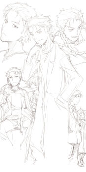 Rule 34 | belt, coat, commentary request, couch, hand in pocket, highres, hiyajou maho, lab coat, menomorute, monochrome, multiple views, okabe rintarou, on couch, outstretched crossed arms, pants, science adventure, shiina mayuri, shirt, short hair, sitting, smile, steins;gate, steins;gate 0, t-shirt, upa (steins;gate), winter clothes, winter coat