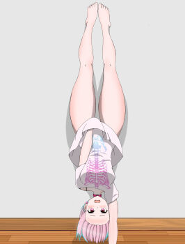 1girl blush covering_privates feet forehead frown full_body handstand highres idolmaster idolmaster_cinderella_girls indoors lycoris_challenge_(meme) meme one_arm_handstand oxicmar parody pink_eyes pink_hair scene_reference shirt solo t-shirt thighs upside-down yumemi_riamu