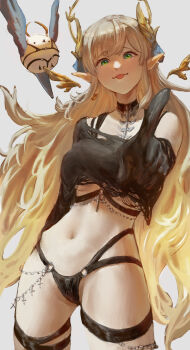 1girl absurdres black_gloves black_panties black_pantyhose black_shirt blonde_hair cowboy_shot cropped_shirt gloves green_eyes grey_hair hair_ornament highres hikanari_hina index_finger_raised long_hair looking_at_viewer mn374390 multicolored_hair navel panties pantyhose phase_connect pointing pointing_at_viewer pointy_ears revealing_clothes shirt single_bare_shoulder single_sleeve solo tongue tongue_out torn_clothes torn_shirt underwear virtual_youtuber