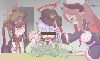 3girls ayo5108 bar_censor blank_room_soup blue_archive censored evil_smile furrowed_brow fuuka_(blue_archive) halo haruna_(blue_archive) highres horns juri_(blue_archive) multiple_girls open_mouth smile tentacles