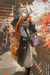Rule 34 | 3girls, :o, alchemaniac, animal ears, arknights, bag, black bow, black footwear, black jacket, blue shirt, blush, boots, bow, bow hairband, branch, cloud, collared shirt, day, falling leaves, fringe trim, from side, full body, grani (arknights), grey skirt, hairband, hand in pocket, handbag, highres, horse ears, horse girl, jacket, leaf, letterman jacket, long skirt, long sleeves, looking at viewer, multicolored clothes, multicolored jacket, multiple girls, open mouth, orange scarf, outdoors, pleated skirt, purple eyes, railing, scarf, shadow, shirt, skirt, solo focus, two-tone jacket, white jacket