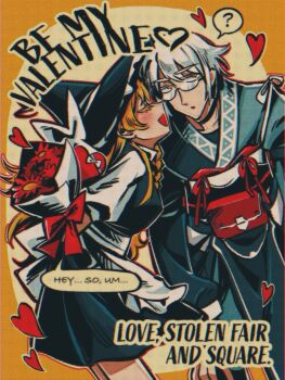 Rule 34 | 1boy, 1girl, ?, arms behind back, black hat, blonde hair, english text, flower, glasses, hat, highres, holding, holding flower, kirisame marisa, mememedama10, morichika rinnosuke, smile, speech bubble, touhou, valentine, white hair, witch hat