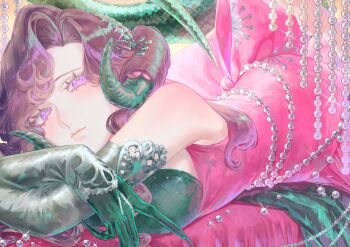 1girl anjo_nala aun_(aunkun_026) bare_shoulders breasts closed_mouth crossed_arms curled_horns dress elbow_gloves glint gloves green_tail grey_gloves grey_horns highres horns large_breasts lizard_tail looking_at_viewer low_horns lying on_stomach pink_dress purple_eyes purple_hair reverse:1999 sleeveless sleeveless_dress solo tail upper_body yellow_background