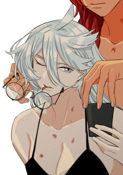 2girls absurdres bite_mark black_bra bra breasts cigarette cleavage closed_mouth commentary_request cup dark-skinned_female dark_skin glasses grey_eyes gundam gundam_suisei_no_majo hickey highres holding holding_cup korean_commentary long_hair looking_at_viewer medium_breasts miorine_rembran multiple_girls one_eye_closed parted_lips red_hair simple_background smoking snapagi suletta_mercury underwear upper_body white_background white_hair yuri