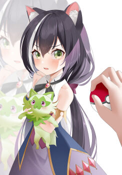 absurdres animal_ears bare_shoulders black_hair blush cat_ears dress gem green_eyes highres karyl_(princess_connect!) kemile long_hair open_mouth princess_connect! sleeveless sleeveless_dress twintails very_long_hair white_background white_hair zoom_layer