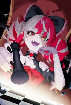 1girl ahoge black_dress black_nails chess_piece colored_skin dress gradient_eyes green_eyes grey_hair grey_skin heterochromia highres holding holding_chess_piece hololive hololive_indonesia kureiji_ollie kureiji_ollie_(1st_costume) kurumahu_01 looking_at_viewer medium_hair multicolored_eyes multicolored_hair nail_polish open_mouth red_eyes red_hair smile solo teeth torn_clothes torn_dress two-tone_hair upper_teeth_only virtual_youtuber yellow_eyes zombie