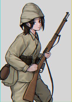 Rule 34 | 1girl, absurdres, ammunition pouch, bolt action, brown eyes, brown hair, brown hat, brown jacket, brown pants, commentary, cowboy shot, gun, gun sling, hat, helmet, highres, holding, holding gun, holding weapon, jacket, looking at viewer, mardjan, military, military combat uniform, military uniform, original, ottoman empire, pants, pouch, short hair, simple background, solo, weapon, weapon request, white background, world war i