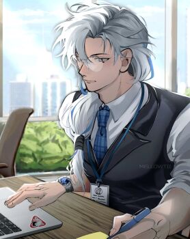1boy absurdres alternate_costume alternate_hairstyle bespectacled black_vest blue_hair blue_necktie blurry blurry_background building bush chair closed_mouth collared_shirt commentary computer contemporary day english_commentary expressionless genshin_impact glasses hair_between_eyes hair_over_shoulder highres holding holding_pen humanization id_card indoors lanyard lapels laptop lips long_hair looking_at_screen low-tied_long_hair male_focus mellowtii multicolored_hair necktie neuvillette_(genshin_impact) notched_lapels office pen plaid_clothes plaid_necktie purple_eyes shirt side_part sitting skyscraper sleeves_rolled_up solo sticker streaked_hair table upper_body vest watch white_hair white_shirt window wooden_table wristwatch