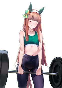 1girl ^_^ bare_arms black_leggings blush breasts closed_eyes collarbone commentary ear_covers exercising green_sports_bra grey_hairband hairband herohero_(higashi_no_dou) highres leggings long_hair navel orange_hair silence_suzuka_(umamusume) simple_background skindentation small_breasts smile solo sports_bra umamusume weightlifting white_background
