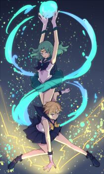 Rule 34 | 2girls, ankle boots, arms up, bishoujo senshi sailor moon, blonde hair, blue bow, blue eyes, blue footwear, blue sailor collar, blue skirt, boots, bow, choker, fighting stance, gloves, green hair, green skirt, hiki-wota, kaiou michiru, long hair, looking at viewer, magical girl, multiple girls, outer senshi, pleated skirt, sailor collar, sailor neptune, sailor senshi, sailor uranus, short hair, skirt, ten'ou haruka, tiara, white gloves, yellow bow