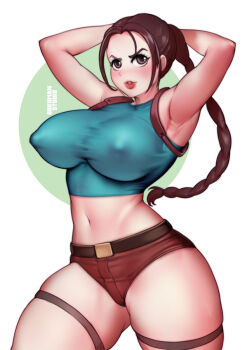 1girl alternate_breast_size armpits arms_behind_head arms_up artist_name bokuman braid braided_ponytail breasts brown_hair curvy lara_croft large_breasts lips long_hair looking_at_viewer messy_hair navel parted_lips shiny_skin shirt short_shorts shorts simple_background standing tank_top thighs tomb_raider very_long_hair wide_hips