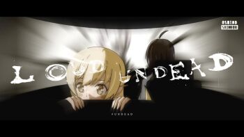 1boy 1girl ahoge araragi_koyomi black_border black_hair blonde_hair blush_stickers border car_interior car_seat character_name covered_mouth english_text foreground_text grey_shirt hair_between_eyes hair_flaps hands_up hashtag letterboxed long_hair looking_afar looking_to_the_side medium_hair monogatari_(series) motion_blur oshino_shinobu pointy_ears ringed_eyes shadow shirt sidelighting sidelocks sonikkusupin steering_wheel upper_body yellow_eyes yoasobi
