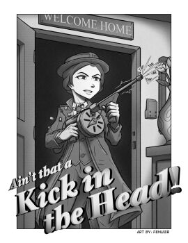 1girl absurdres artist_name coat collar collared_shirt door english_text eyelashes fenuier greyscale gun gunfire hat highres holding holding_gun holding_weapon monochrome motion_lines necktie original pants picture_frame shell_casing shirt submachine_gun teeth thompson_submachine_gun vase vest weapon