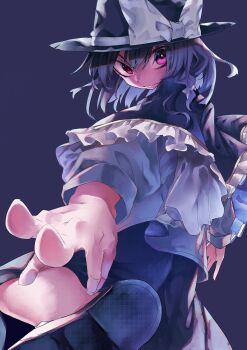 1girl absurdres alternate_eye_color black_capelet black_hair black_hat black_shoes black_skirt bow capelet frilled_capelet frills hair_between_eyes hair_bow hat hat_bow highres long_sleeves looking_at_viewer muraryo purple_background purple_eyes shirt shoe_soles shoes short_hair skirt sleeve_cuffs solo standing standing_on_one_leg touhou usami_renko white_bow white_shirt