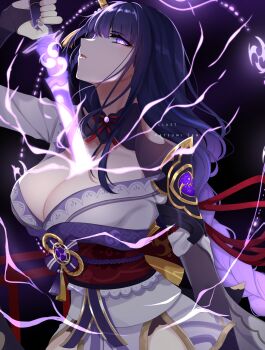 1girl absurdres arm_up armor artist_name blunt_bangs breasts bridal_gauntlets cleavage clothing_cutout collarbone commentary drawing_sword electricity english_commentary eyeliner from_side genshin_impact glowing glowing_eyes glowing_sword glowing_weapon hair_ornament head_tilt highres holding holding_sword holding_weapon huge_breasts human_scabbard japanese_clothes katana kimono lingerie long_braid long_hair looking_at_viewer looking_to_the_side makeup mitsudomoe_(shape) musou_isshin_(genshin_impact) neck_ribbon off_shoulder open_mouth purple_background purple_eyes purple_hair purple_kimono raiden_shogun red_eyeliner red_ribbon red_sash ribbon sash shade shoulder_armor shoulder_cutout solo standing sword sword_between_breasts tohkatana_katsumi tomoe_(symbol) underwear upper_body weapon