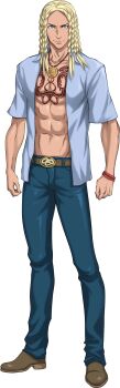 1boy belt_buckle blonde_hair blue_eyes blue_pants bracelet buckle chest_tattoo denim dreadlocks full_body highres iwamoto_tatsurou jeans jewelry joshua_hawk medallion navel official_art open_clothes open_shirt pants shin_megami_tensei shin_megami_tensei:_liberation_dx2 simple_background snake_belt_buckle solo standing tattoo third-party_source transparent_background