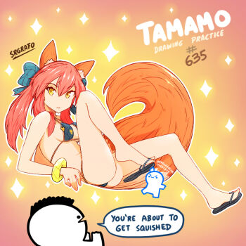 1girl 2boys animal_ear_fluff animal_ears artist_name artist_self-insert ass bikini blue_bikini blue_bow bow bracelet breasts character_name english_text fate/grand_order fate_(series) feet flip-flops fox_ears fox_girl fox_tail full_body gradient_background hair_between_eyes hair_bow jewelry long_hair looking_at_viewer medium_breasts multiple_boys no_nose parted_lips pink_background pink_hair sandals speech_bubble srgrafo swimsuit tail tamamo_no_mae_(fate) teeth two-tone_background yellow_background yellow_eyes