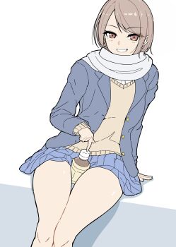 1girl between_thighs bottle brown_eyes brown_hair hi_iro highres jacket looking_at_viewer open_clothes open_jacket original scarf sitting skirt smile solo sweater thighs