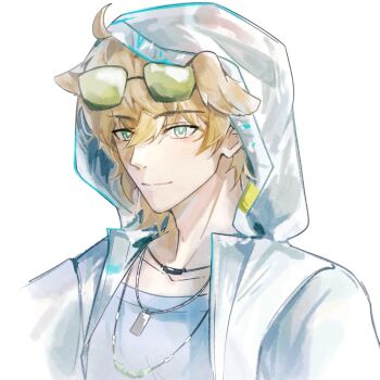 1boy ahoge animal_ears arknights blonde_hair blue_eyes blue_vest chinese_commentary closed_mouth collarbone commentary_request dog_boy dog_ears dog_tags eyewear_on_head green-tinted_eyewear hair_between_eyes hood hood_up jacket jewelry jianggu548 male_focus messy_hair multiple_necklaces necklace open_clothes open_jacket see-through_clothes smile solo sunglasses tequila_(arknights) thick_eyebrows tinted_eyewear vest white_background
