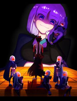 1boy 6+girls arm_guards black_hair black_hakama board_game breasts clone closed_mouth commentary crossed_arms detached_sleeves gloves hakama hakama_skirt hakka_oishie hands_on_own_hips head_tilt heart highres holding holding_mini_person japanese_clothes katanagatari leaf leaf_print long_hair looking_at_another low_ponytail maple_leaf maple_leaf_hair_ornament maple_leaf_print medium_breasts mini_person miniboy minigirl multiple_girls okobo pink_thighhighs platform_sandals ponytail purple_eyes purple_gloves red_sleeves sandals shaded_face shadow shogi short_hair single_glove sitting skirt smile standing thighhighs togame very_long_hair white_hair yasuri_shichika