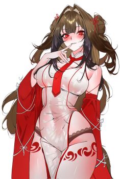 1girl alternate_costume animal_ear_fluff animal_ears artist_name bare_shoulders blush breast_cutout breasts brown_hair brown_panties cleavage_cutout clothing_cutout commentary covered_navel cowboy_shot double_bun dress droopy_ears finger_to_mouth hair_bun hand_up highres lace lace-trimmed_panties lace_trim large_breasts leg_tattoo long_hair looking_at_viewer necktie panties parted_lips pelvic_curtain red_eyes red_necktie red_sleeves sanya_(sanya_lox228) simple_background solo tattoo underwear very_long_hair white_background white_dress ye_shunguang zenless_zone_zero