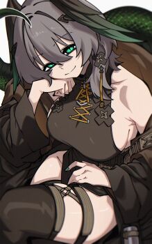 1girl absurdres aqua_eyes aqua_wings arknights bare_shoulders black_dress black_thighhighs breasts closed_mouth commentary detached_sleeves dress dryegen gradient_wings grey_hair hand_on_own_cheek hand_on_own_face head_rest head_wings highres ho&#039;olheyak_(arknights) ho&#039;olheyak_(ritual_of_immortality)_(arknights) large_breasts long_sleeves looking_at_viewer medium_hair multicolored_wings official_alternate_costume sideboob sleeveless sleeveless_dress smile snake_tail solo tail thighhighs wings