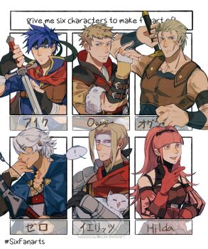 ! 1girl 5boys animal blonde_hair blue_eyes blue_hair book cat character_name fire_emblem fire_emblem:_path_of_radiance fire_emblem:_shadow_dragon fire_emblem:_three_houses fire_emblem_awakening fire_emblem_fates gloves green_headband headband hilda_valentine_goneril hilda_valentine_goneril_(timeskip) holding holding_animal holding_book holding_cat holding_sword holding_weapon ike_(fire_emblem) jeritza_von_hrym long_hair mask multiple_boys multiple_drawing_challenge niles_(fire_emblem) nintendo ogma_(fire_emblem) owain_(fire_emblem) pink_eyes pink_hair scar scar_across_eye scar_on_face short_hair shuai_da six_fanarts_challenge spoken_exclamation_mark sword sword_on_back weapon weapon_on_back white_hair