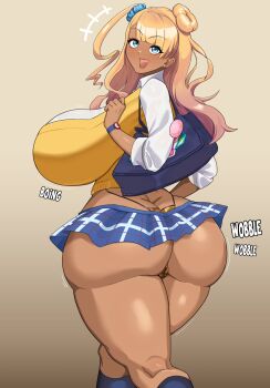 1girl absurdres animal_print ass blonde_hair breasts curvy dark-skinned_female dark_skin galko gyaru highres huge_ass huge_breasts leopard_print lips muundae oshiete!_galko-chan school_uniform shiny_skin side_ponytail thong wide_hips