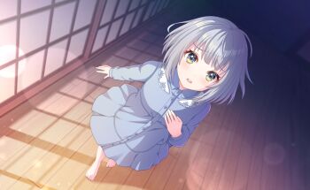 1girl barefoot blue_dress blurry blurry_background blush dress from_above game_cg highres indoors long_sleeves looking_at_viewer open_mouth pajamas senju_iroha short_hair solo standing tears third-party_source world_dai_star