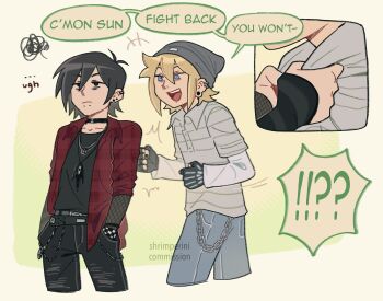 !? +++ ... 2boys :d antenna_hair artist_name bags_under_eyes basil_(faraway)_(omori) basil_(omori) beanie belt black_belt black_choker black_eyes black_gloves black_nails black_pants black_shirt blonde_hair blue_eyes blue_pants border bracelet chain choker clenched_hands collarbone collared_jacket collared_shirt commentary commission cropped_legs denim double-parted_bangs ear_piercing earrings elbow_gloves emori_(shrimperini) english_commentary english_text face_piercing fingerless_gloves fishnet_gloves fishnets frown gloves grey_hat grey_shirt hair_between_eyes hands_in_pockets hat highres jacket jeans jewelry layered_sleeves long_sleeves male_focus mouth_piercing multiple_boys nail_polish necklace no_sclera nose_piercing omori open_clothes open_jacket open_mouth outside_border pants piercing plaid_clothes plaid_jacket pulling_another&#039;s_clothes red_jacket shirt short_hair short_over_long_sleeves short_sleeves shrimperini simple_background smile something_(omori) speech_bubble squiggle standing striped_clothes striped_shirt sunny_(omori) teeth three-quarter_sleeves tongue upper_teeth_only watermark white_shirt yellow_background yellow_border