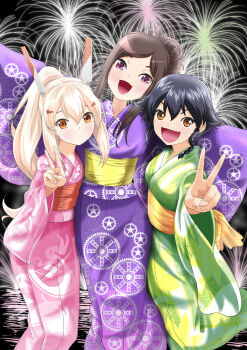 Rule 34 | 3girls, :d, alternate costume, ayanami (azur lane), azur lane, black hair, brown eyes, commentary request, crossover, dorothy (princess principal), fireworks, girls und panzer, hair between eyes, hair ornament, hairclip, headgear, highres, japanese clothes, kimono, long hair, looking at viewer, multiple crossover, multiple girls, night, open mouth, orange eyes, pepperoni (girls und panzer), ponytail, princess principal, purple eyes, retrofit (azur lane), short hair, sidelocks, silver hair, sky, smile, taniguchi gou, v, voice actor connection, yukata