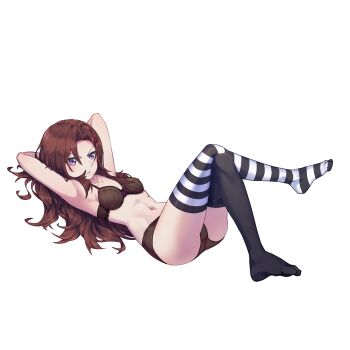 1girl absurdres bare_shoulders bra breasts brown_hair commission commissioner_upload crossed_legs dusk_(wayanfa) full_body hair_ornament highres kiauwrenn long_hair looking_at_viewer lying navel non-web_source original panties pink_eyes pout puffy_cheeks small_breasts solo thighhighs thighs transparent_background underwear underwear_only