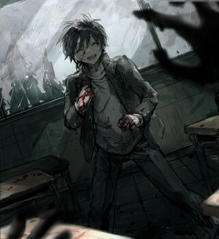 1boy black_hair blood blood_on_face blood_on_hands classroom clenched_hands closed_eyes commentary_request desk fuji_den_fujiko gakuran highres indoors jacket male_focus open_clothes open_jacket overcast pov rain randal&#039;s_friends school_desk school_uniform short_hair sky solo standing tsukada_satoru