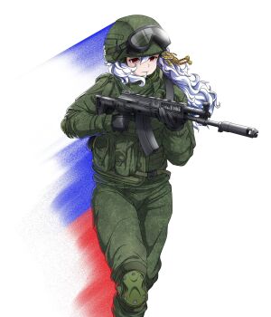 :| absurdres ak-74 alpha_(alpha_1918) ammunition_pouch army assault_rifle black_gloves bulletproof_vest camouflage closed_mouth combat_helmet curly_hair digital_camouflage dynamic_pose elbow_pads flag_background gloves goggles goggles_on_head goggles_on_headwear green_jacket green_pants gun hair_ornament helmet highres holding holding_gun holding_weapon jacket kalashnikov_rifle knee_pads long_hair military_combat_uniform military_uniform nisp_art official_art original pants pouch red_eyes rifle running russia russian_flag russian_ground_forces russo-ukrainian_war serious soldier tactical_clothes war weapon white_background white_hair