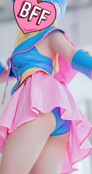 1girl ass blonde_hair blue_leotard breasts cosplay dark_magician_girl english_text face_censor heart japanese_(nationality) leotard real_life skirt yu-gi-oh!
