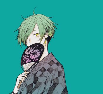 Rule 34 | 1boy, alternate costume, aqua background, bad id, bad pixiv id, checkered clothes, checkered kimono, earrings, fingernails, green hair, grey kimono, grimms notes, hair over one eye, hand fan, hand up, highres, holding, holding fan, japanese clothes, jewelry, kimono, looking at viewer, ludwig grimm (grimms notes), male focus, misoshiru umai4, one eye closed, parted bangs, short hair, solo, sweatdrop, upper body, yellow eyes