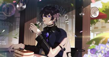 1boy black_choker black_nails blue_eyes choker cup highres holding holding_cup hp_(3000x4500) indie_virtual_youtuber long_sleeves looking_at_viewer male_focus purple_hair shoto_(vtuber) sword_earrings virtual_youtuber