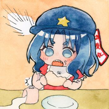 1girl bib blue_eyes blue_hair blush commentary_request cup eating jiangshi miyako_yoshika mug ofuda open_mouth orange_background painting_(medium) plate pppppks red_shirt sharp_teeth shirt short_hair solo spill teeth touhou traditional_media upper_body watercolor_(medium)